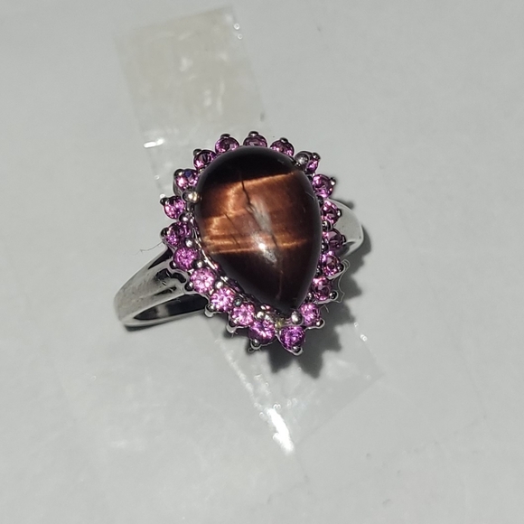 Ring 5 Tiger eye w Pink Crystal Halo Sterling silver - Picture 3 of 6